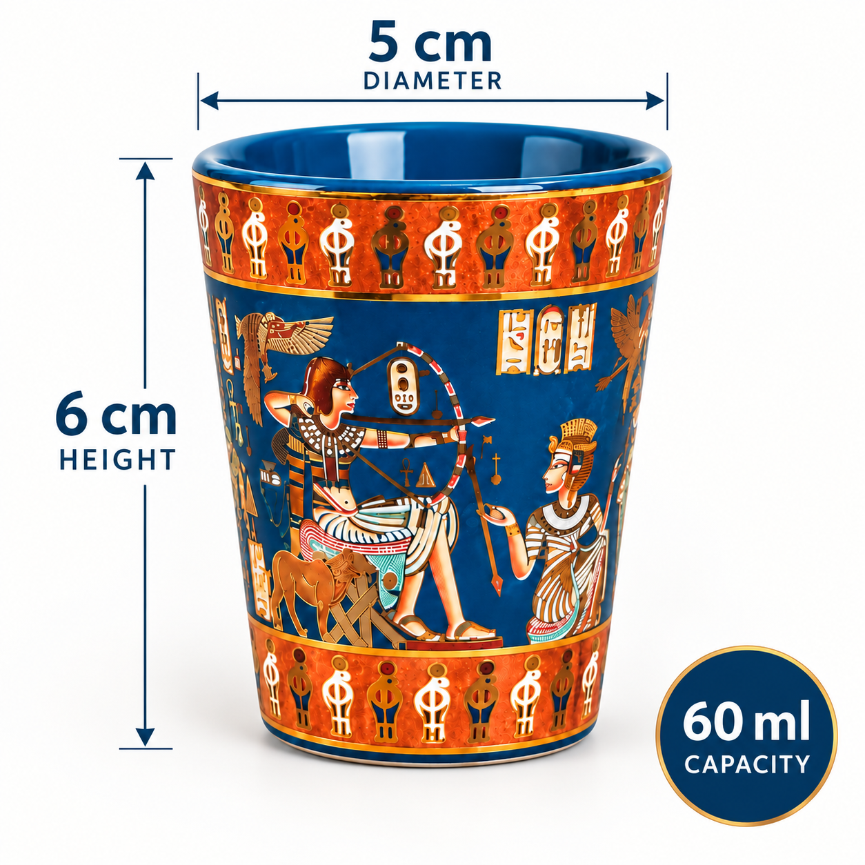 Blue and orange Egyptian-themed cup with dimension labels showing 5 cm diameter, 6 cm height, and 60 ml capacity on a white background.