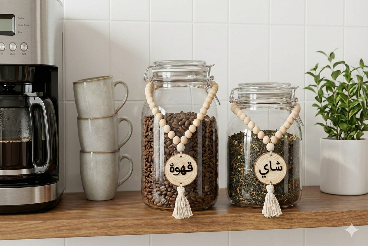 Kitchen counter with jars of spices, a coffee maker, and cups.