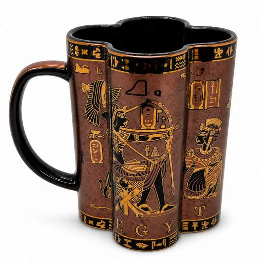 An Egyptian-themed ceramic mug with a dark reddish-brown glaze, black handle and interior, and gold hieroglyphic illustrations depicting figures and symbols.