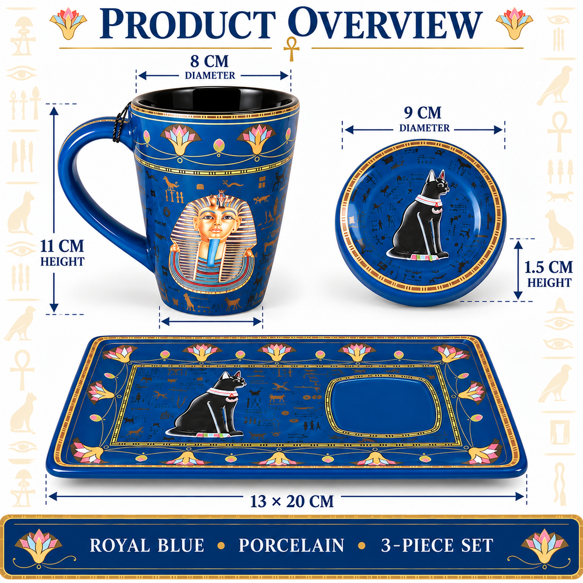 Egyptian Porcelain Mug with Lid & Rectangular Tray – 200 ml – King Tut & Bastet – Royal Blue