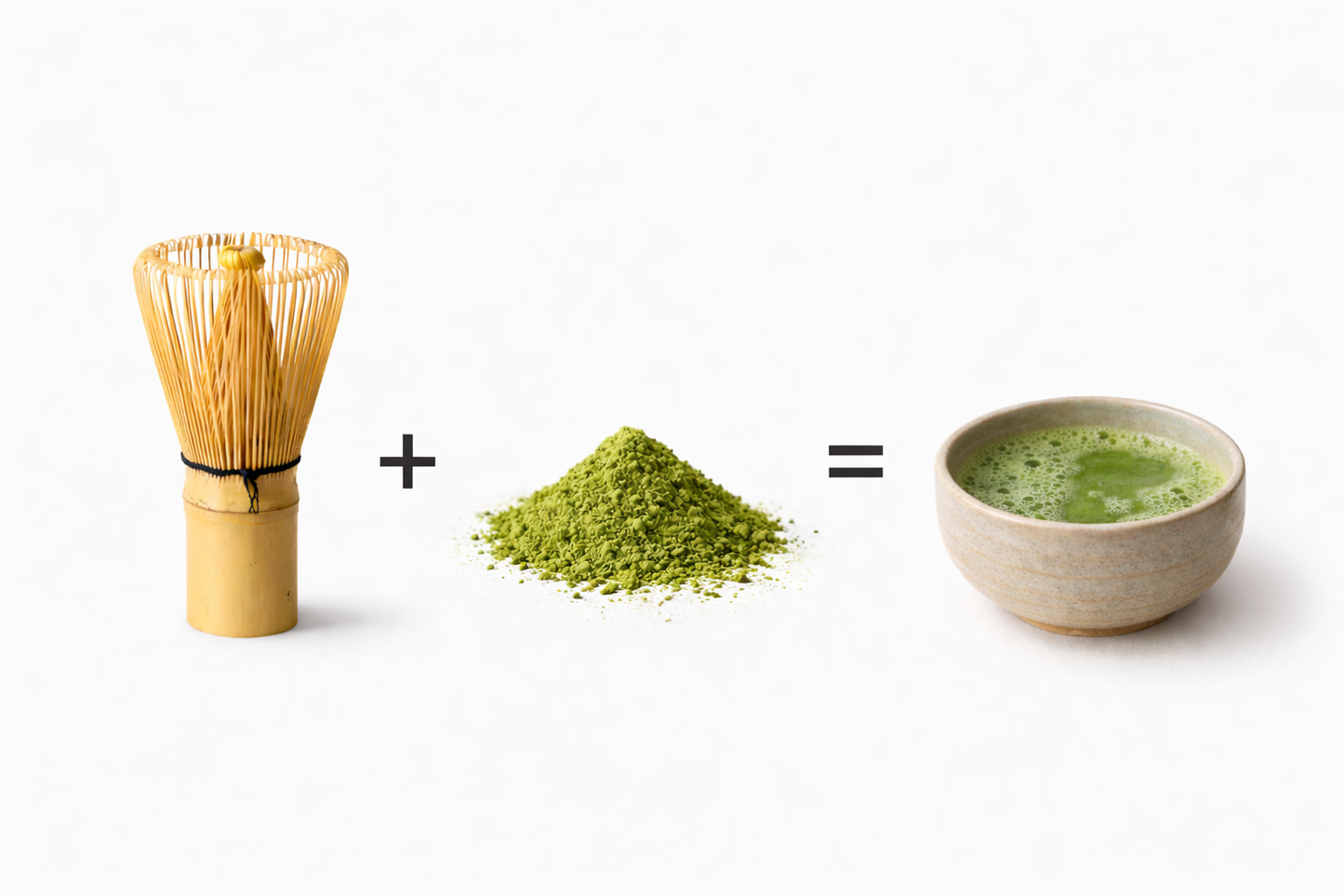 Matcha tea preparation with bamboo whisk, matcha powder, and bowl on a white background