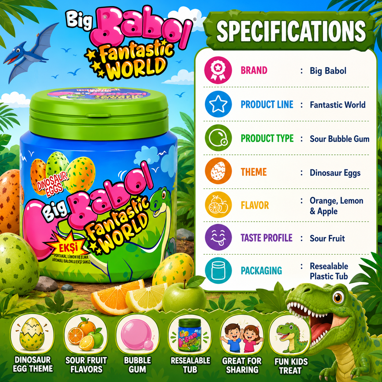 Big Babol Fantastic World Dinosaur Eggs Sour Bubble Gum Tub - 90 gm
