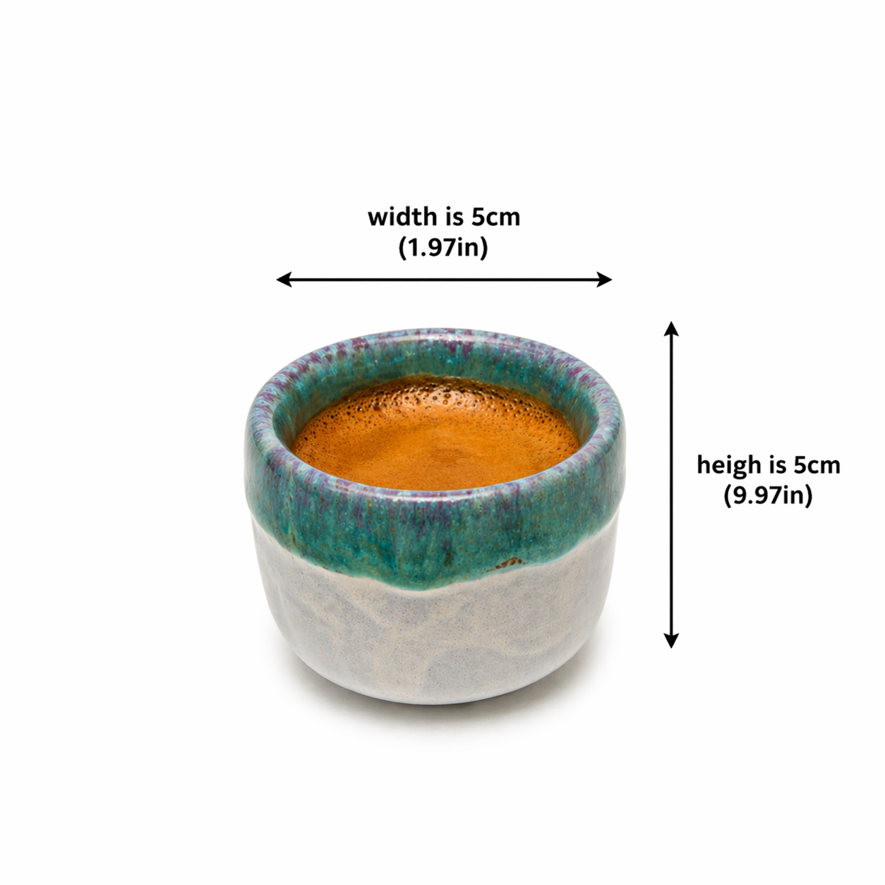 Ceramic cup with measurements on a white background