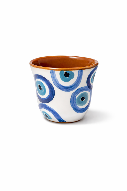 Handmade pottery espresso cup 60 ml with blue evil eye design