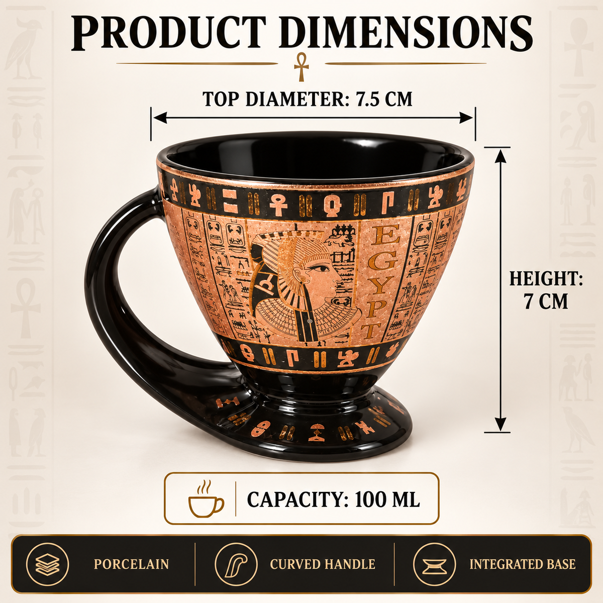 Egyptian-Inspired Porcelain Espresso Cup with Integrated Base – 100 ml - Egyptian King & Queens - Black & Bronze