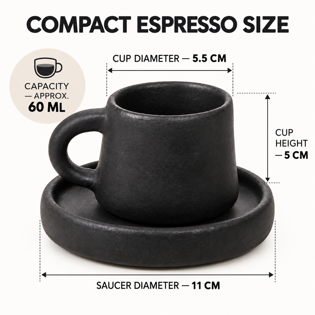 TMH Handmade Artisan Ceramic Coffee Cup with saucer - Black - 60 ml