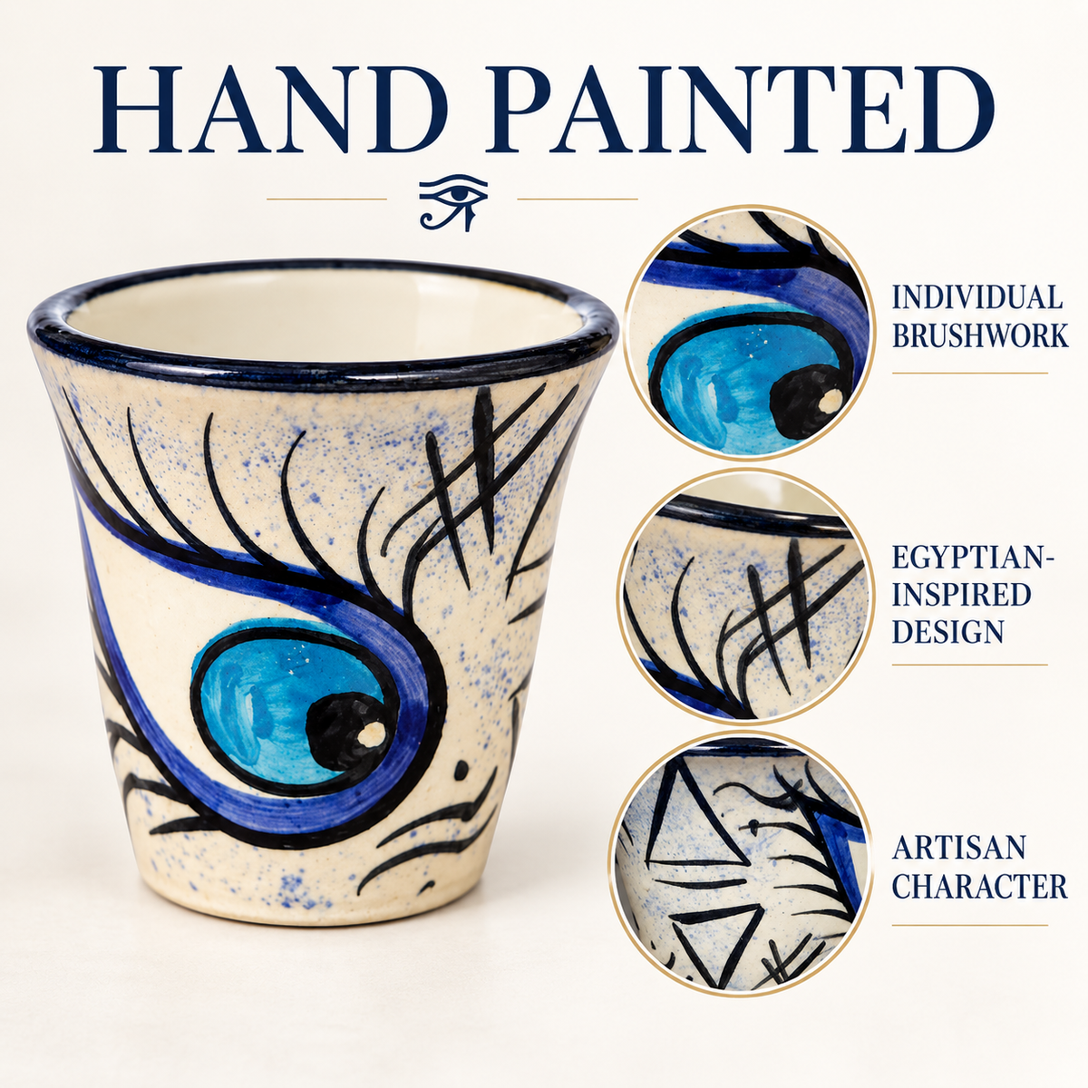 A hand-painted ceramic cup with a blue and black eye design on a speckled cream background, shown alongside three circular detail callouts and the text 'HAND PAINTED,' 'INDIVIDUAL BRUSHWORK,' 'EGYPTIAN-INSPIRED DESIGN,' and 'ARTISAN CHARACTER.'.