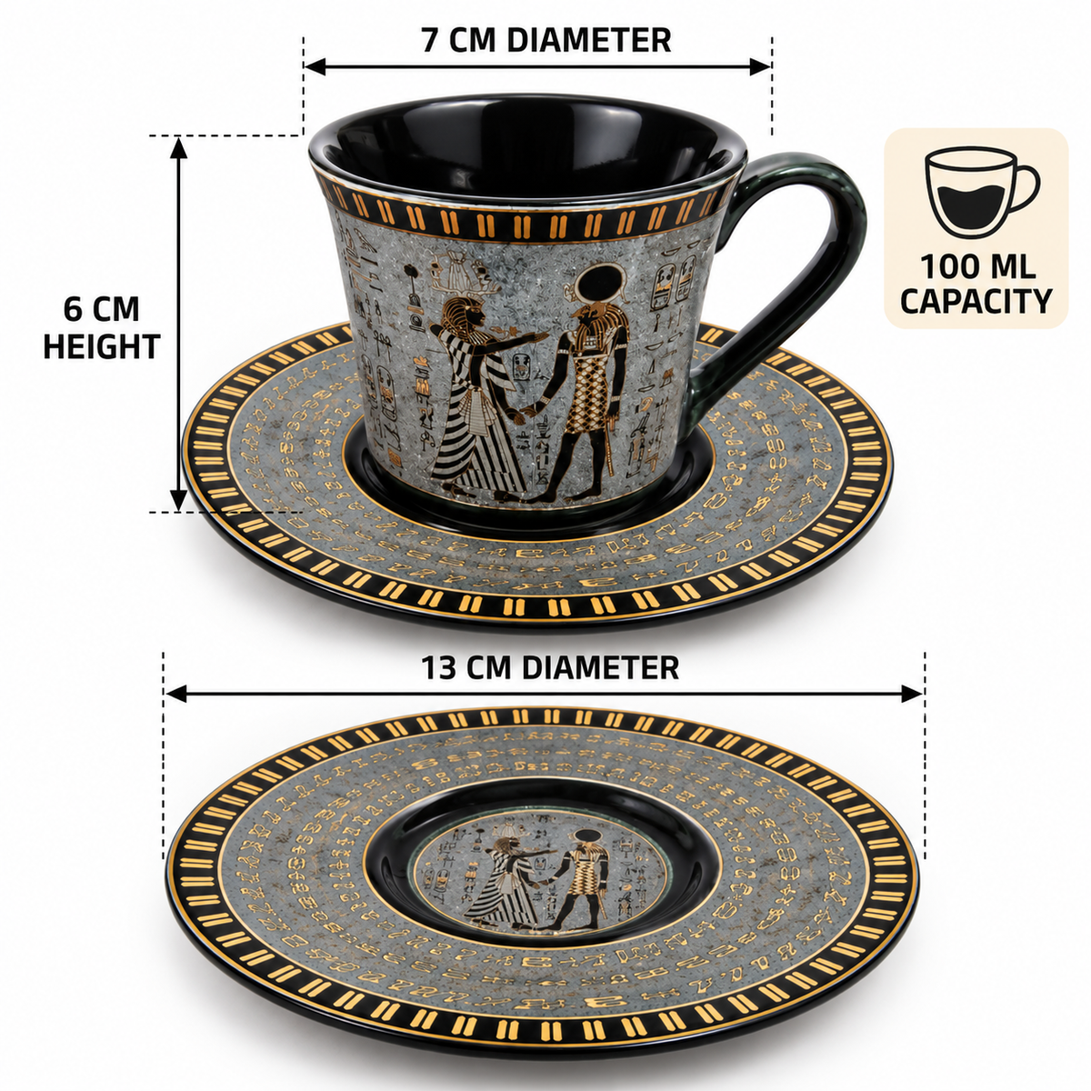 Black and gold ceramic cup and saucer set with Egyptian-style illustration, shown with dimension labels indicating 7 cm diameter, 6 cm height, 13 cm saucer diameter, and 100 ml capacity.