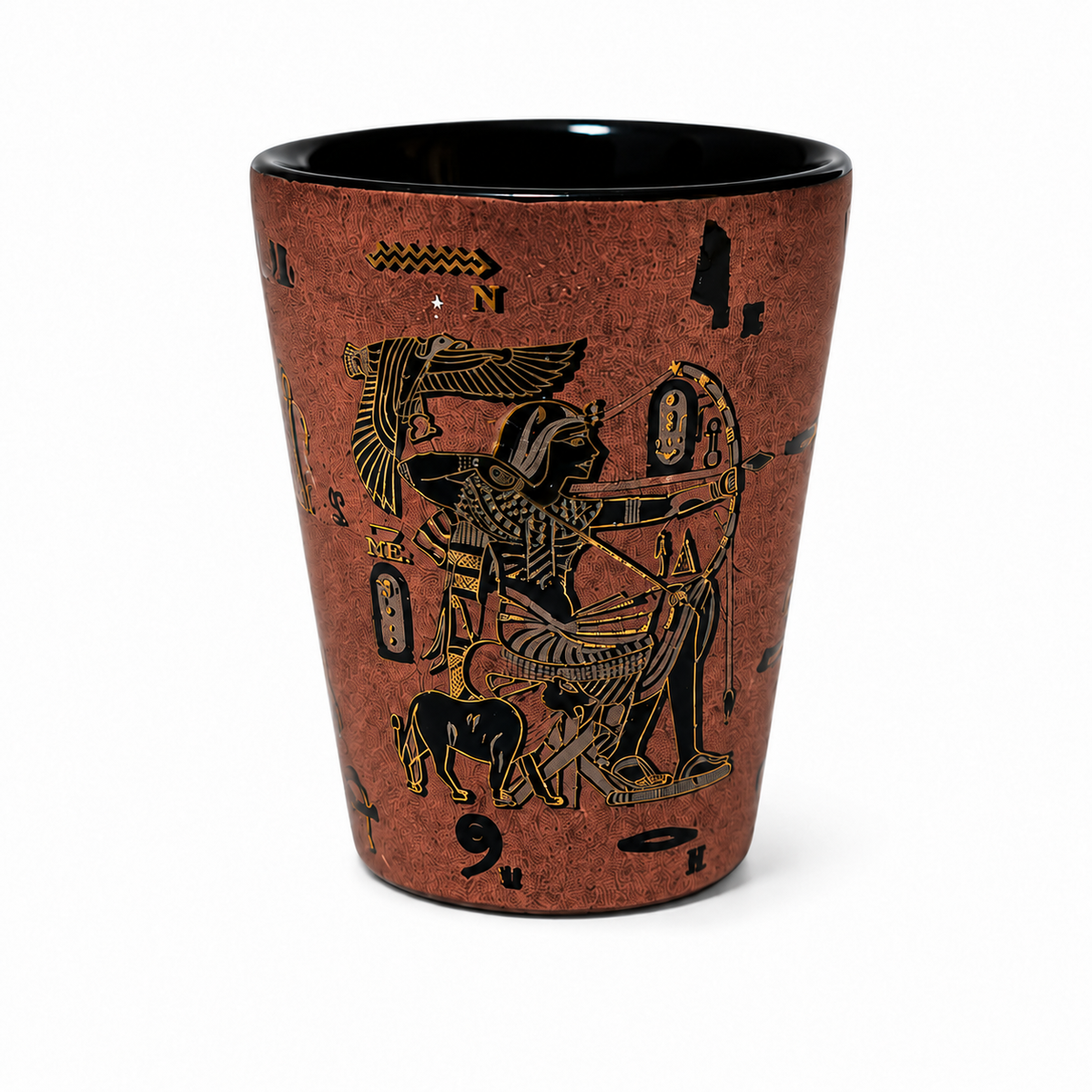 A terracotta-colored ceramic shot glass featuring black and gold Egyptian hieroglyphic artwork of a bowhunter, shown on a clean white background.