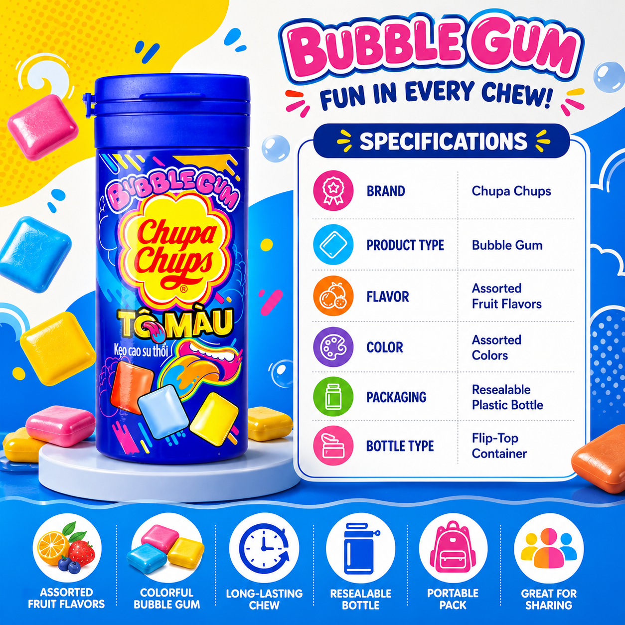 Chupa Chups Bubble Gum Assorted Colors Chewing Gum Bottle- 27 gm