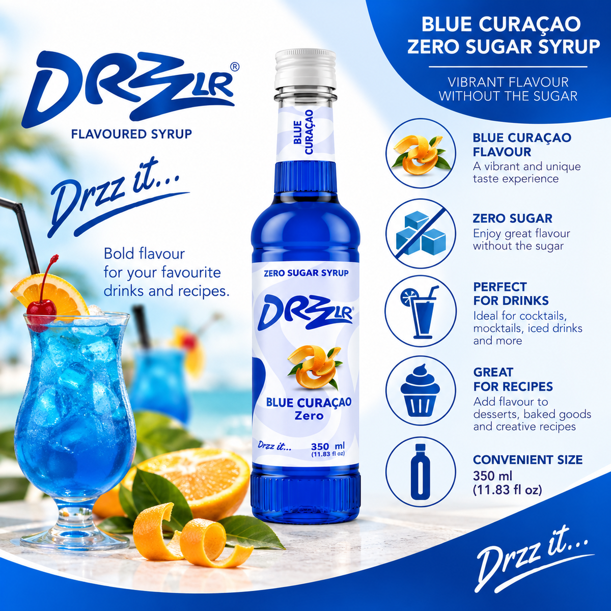 Drzzlr Blue Curacao Zero Sugar syrup - 350 ml