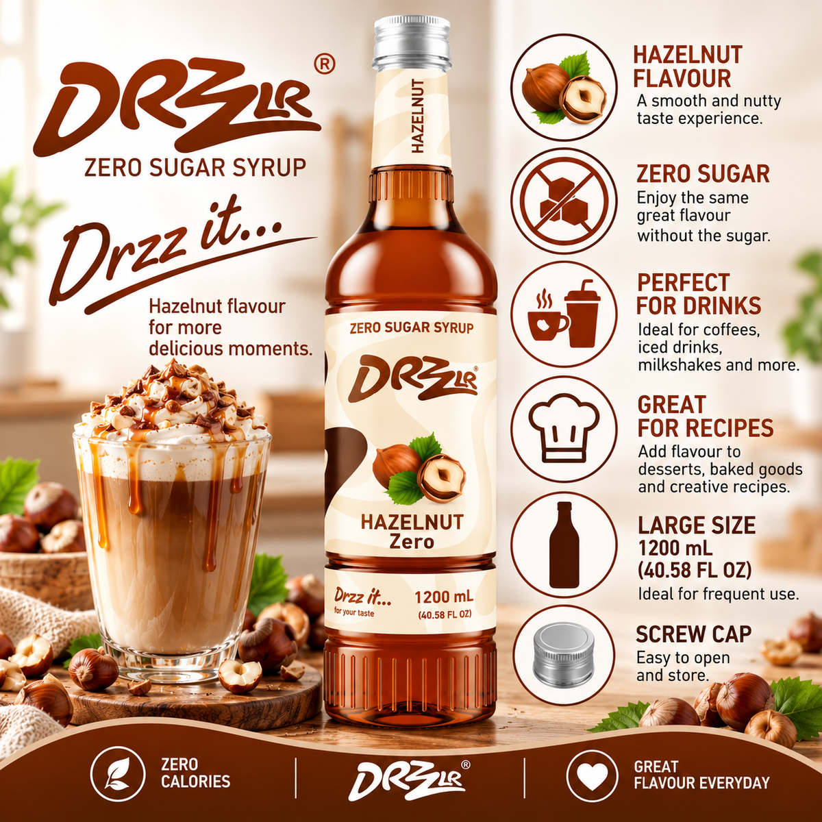 Drzzlr Hazelnut Zero Sugar syrup - 1200 ml