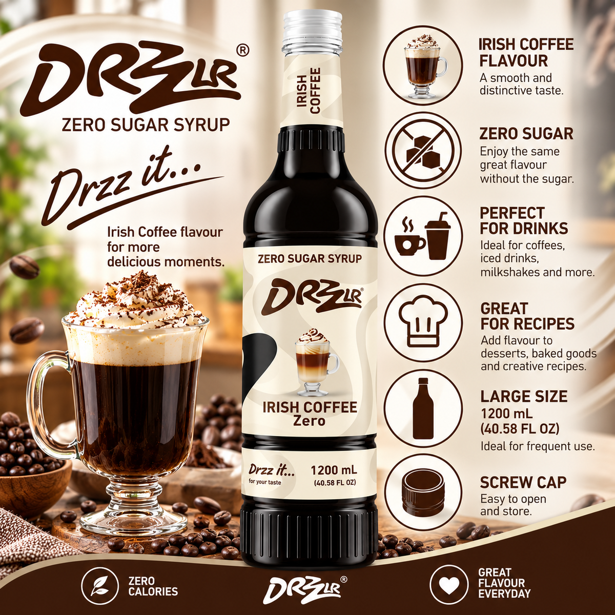 Drzzlr Irish Coffee Zero Sugar syrup - 1200 ml