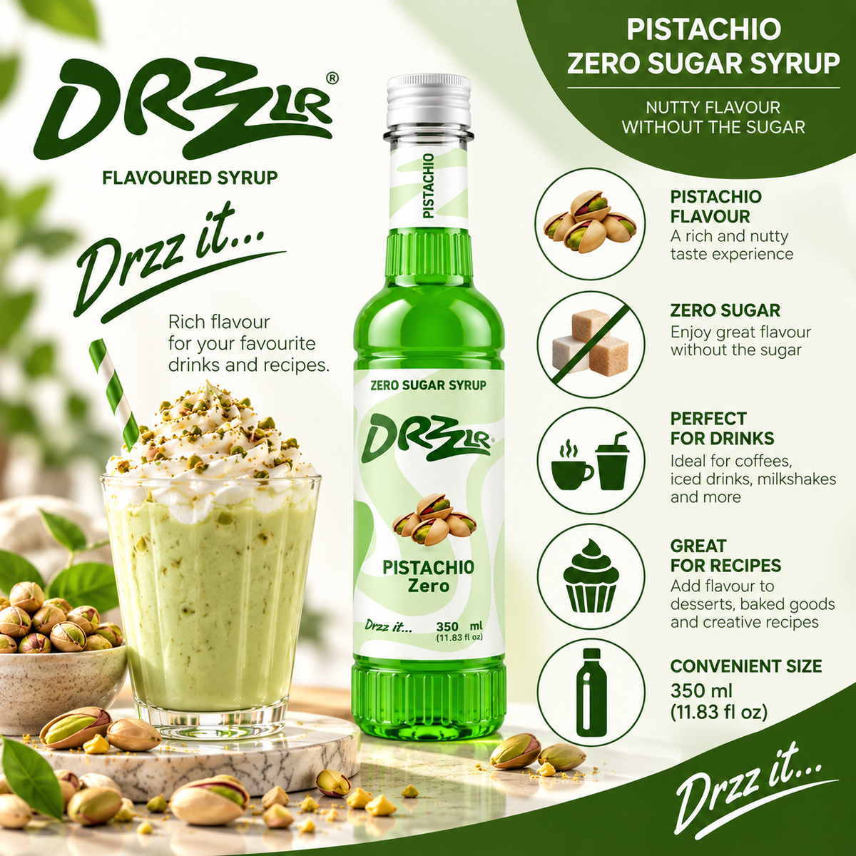 Drzzlr Pistachio Zero Sugar syrup - 350 ml