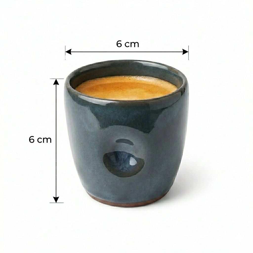 Blue ceramic cup with a small amount of liquid, shown with dimensions on a white background