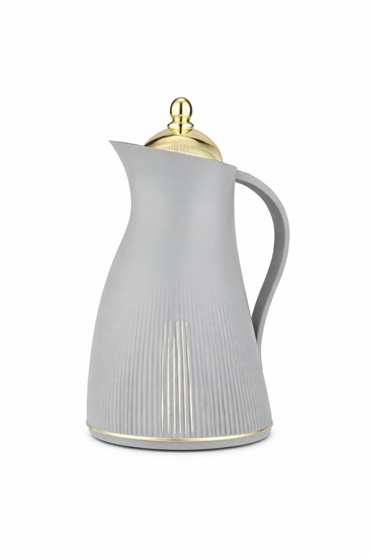 Gray plastic thermos with gold lid on a white background