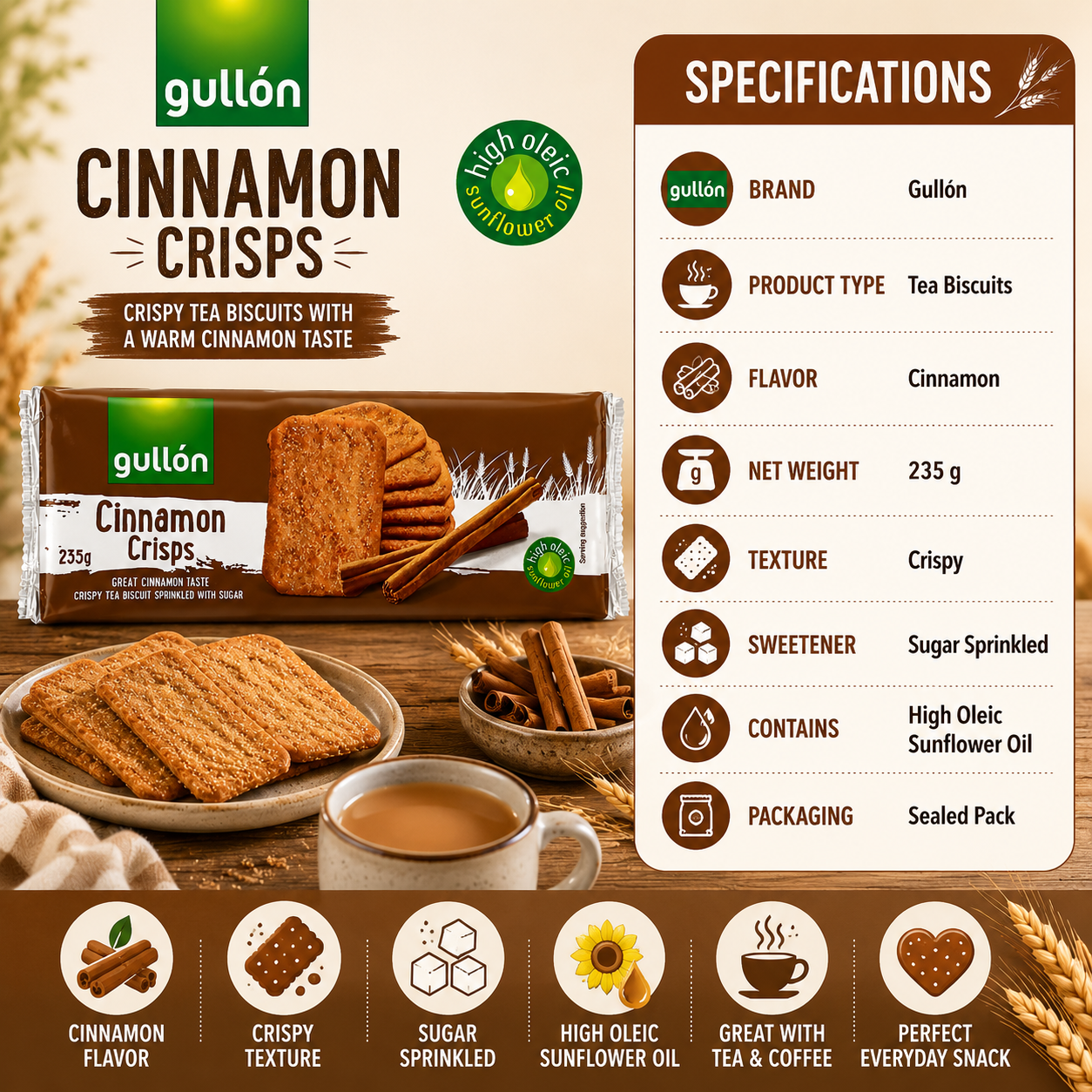 Gullón Cinnamon Crisps Tea Biscuits – 235 gm
