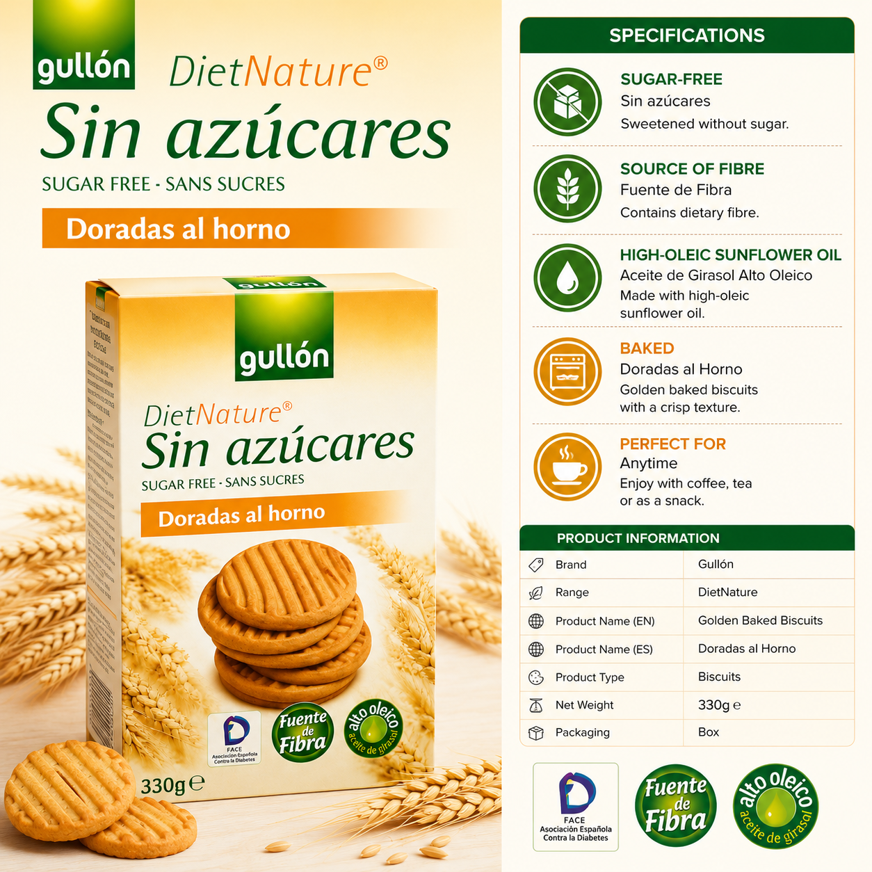 Gullón DietNature Sugar-Free Golden Baked Biscuits – 300 gm