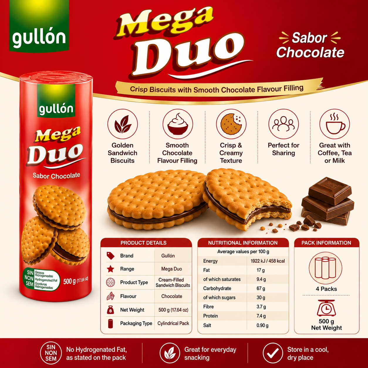 Gullón Mega Duo Chocolate Cream Sandwich Biscuits – 500 gm