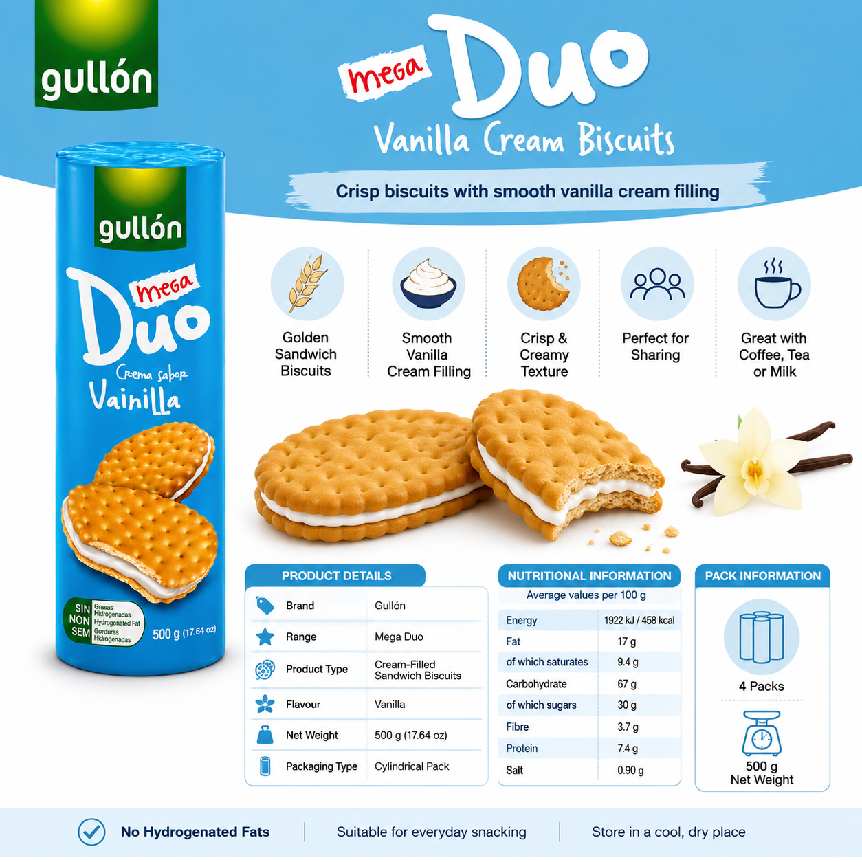 Gullón Mega Duo Vanilla Cream Biscuits – 500 gm