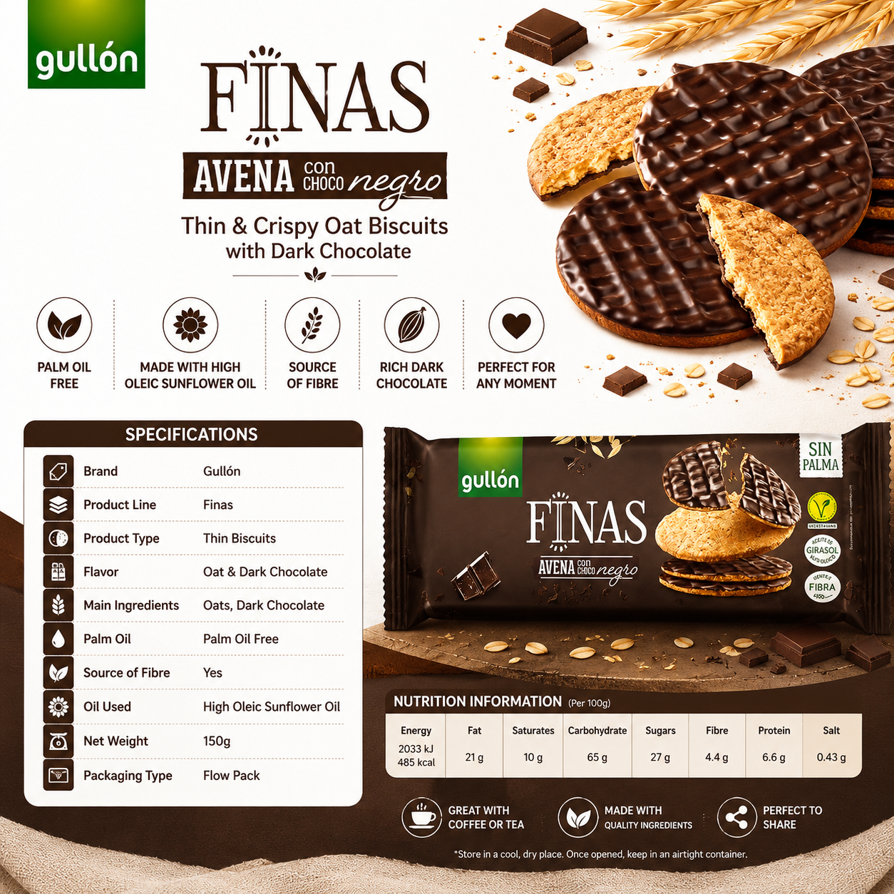 Gullón Thins Oat Dark Chocolate - 150 gm