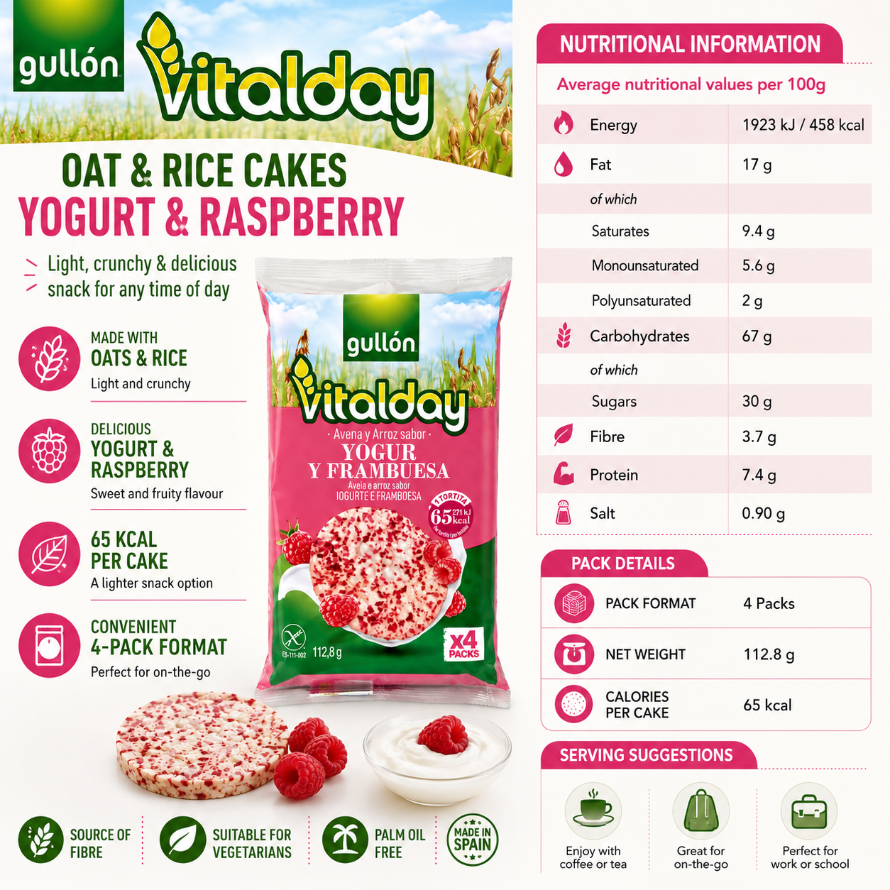 Gullón Vitalday Oat & Rice Cakes Yogurt & Raspberry - 112.8 gm