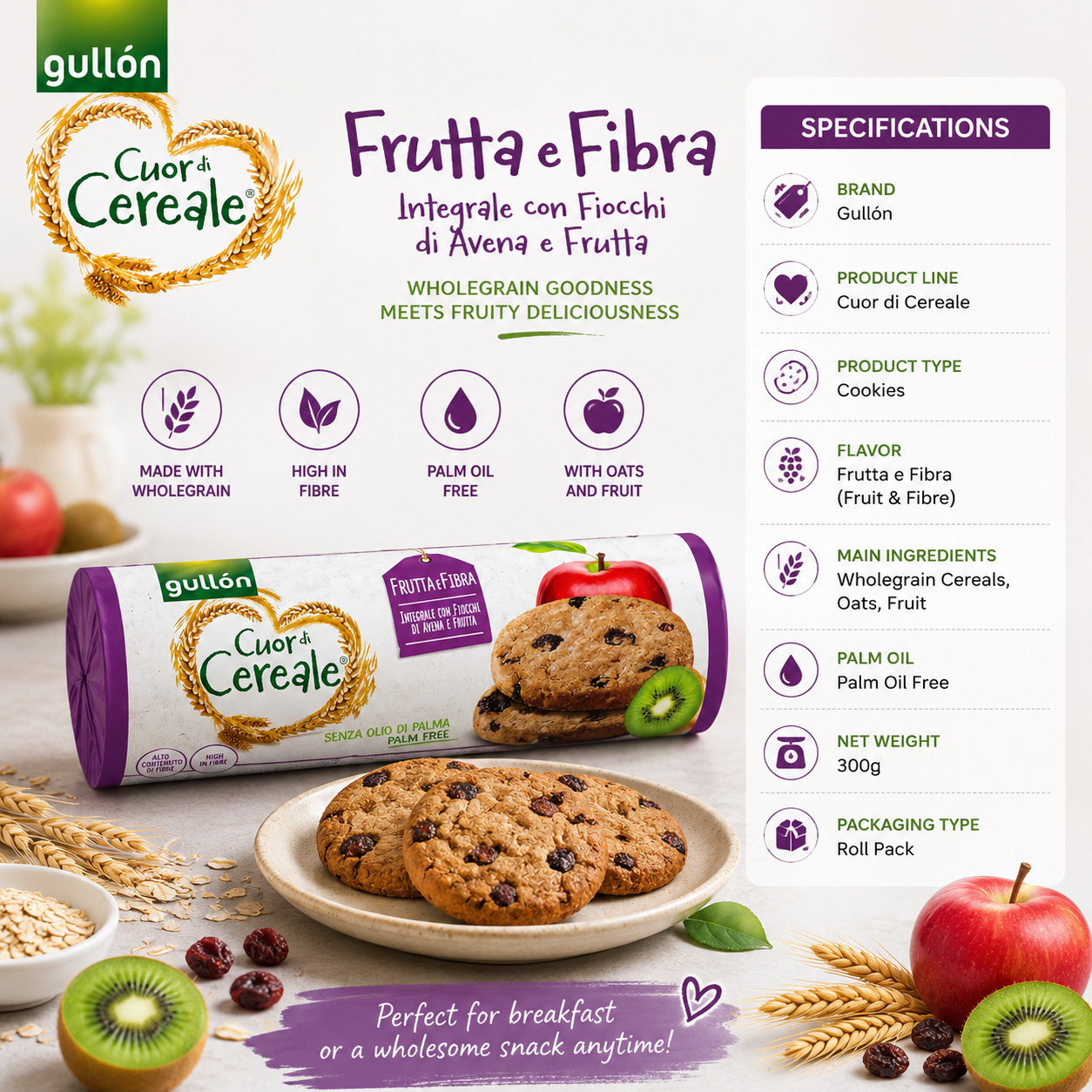 Gullón Whole Grain Fruit & Oat Cookies - 300 gm