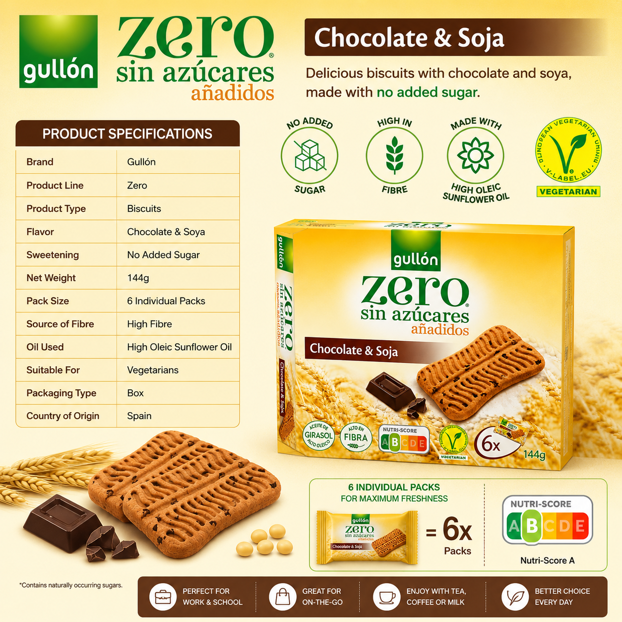 Gullon Zero Chocolate and Soya- No Sugar Added - 144 gm