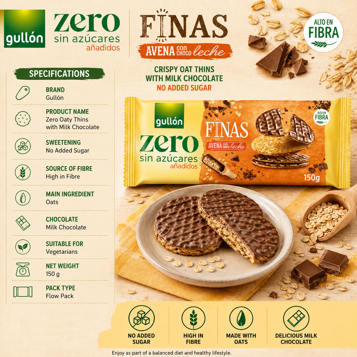 Gullón Zero Oaty Thins with Milk Chocolate - 150 gm