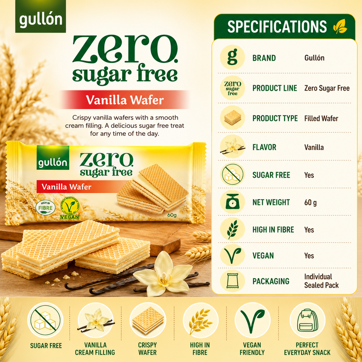 Gullón Zero Sugar Free Vanilla Wafer – 60 gm