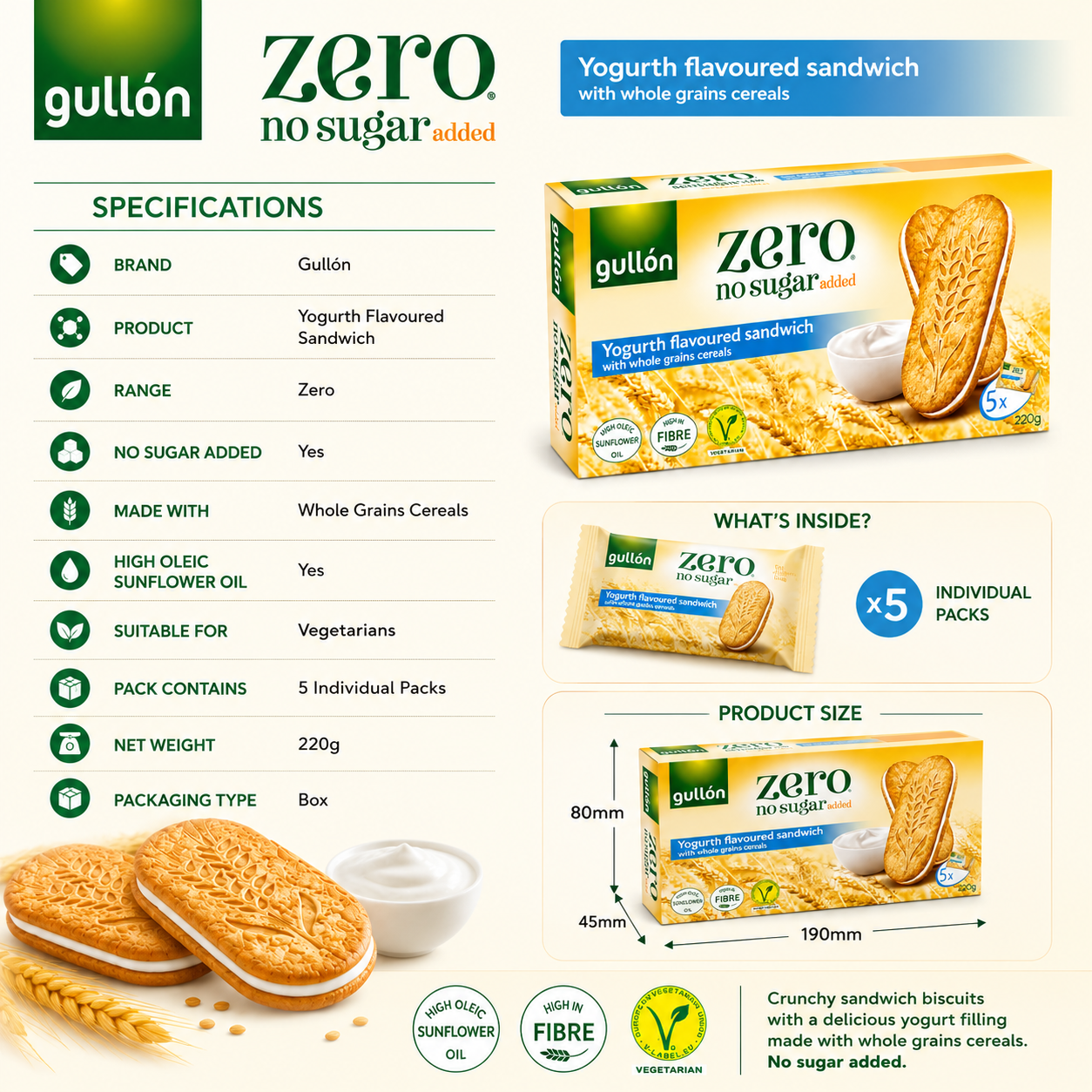 Gullón Zero Yogurt Flavoured Sandwich Biscuits – Pack of 5 - 220 gm
