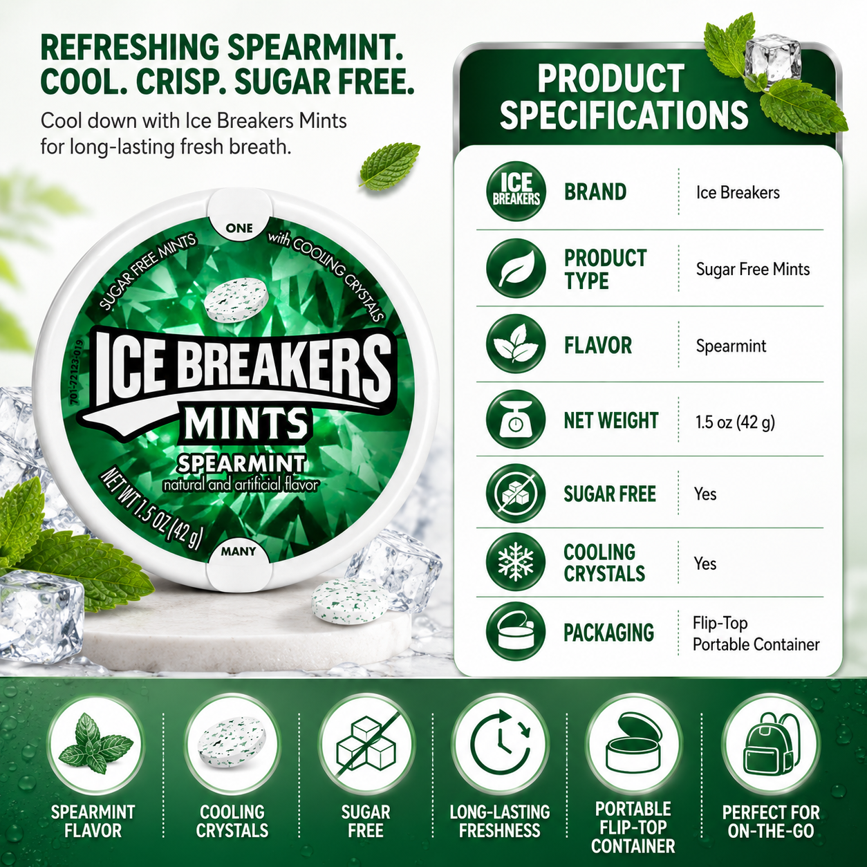 Ice Breakers Mints Spearmint Sugar Free Mints – 42 gm