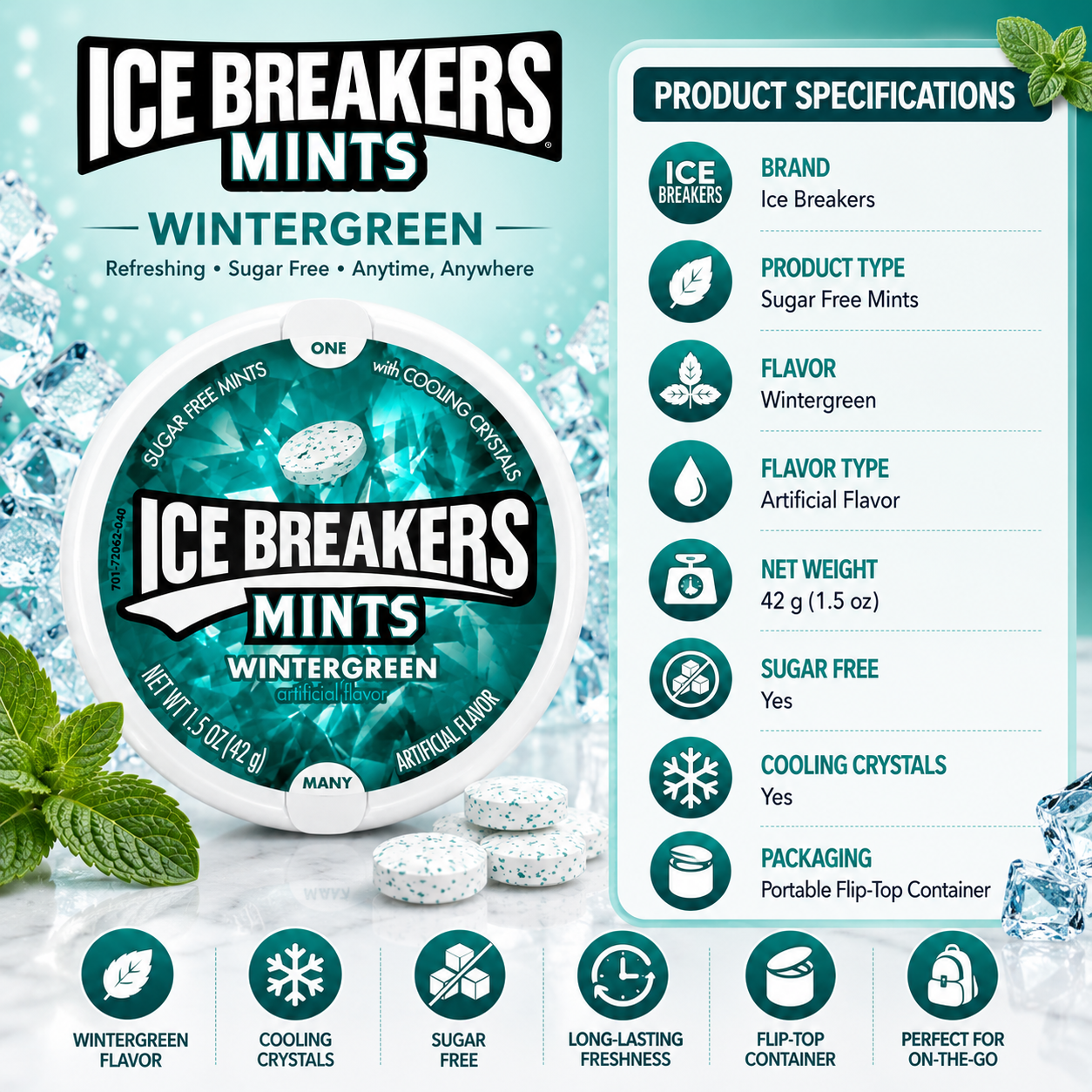 Ice Breakers Mints Wintergreen – Sugar Free Mints - 42 gm