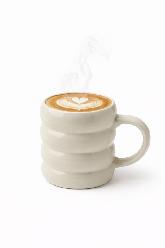 Ivory Beige ceramic mug with wavy design filled with a cappuccino on a white background