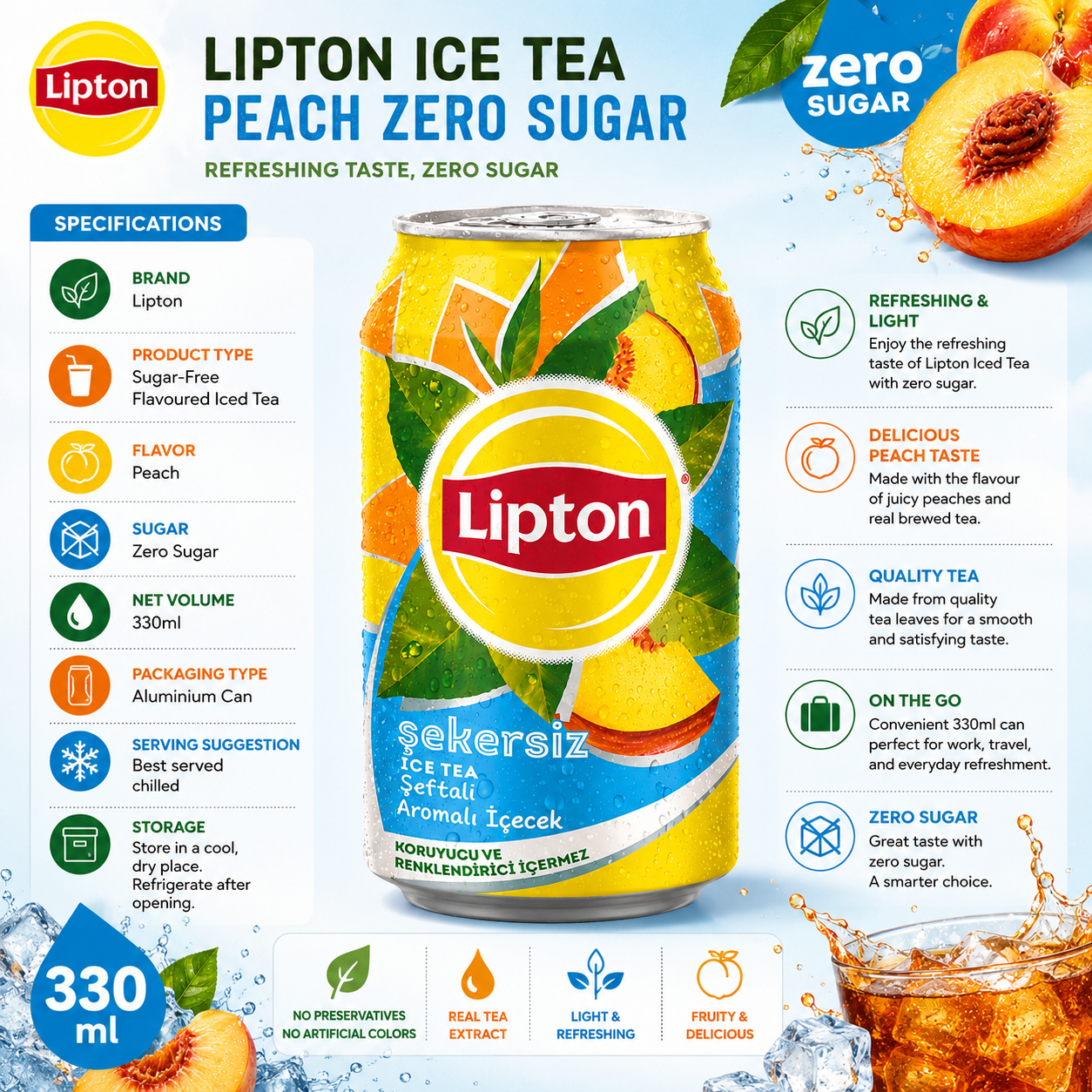 Lipton Ice Tea Peach Zero Sugar – 330 ml