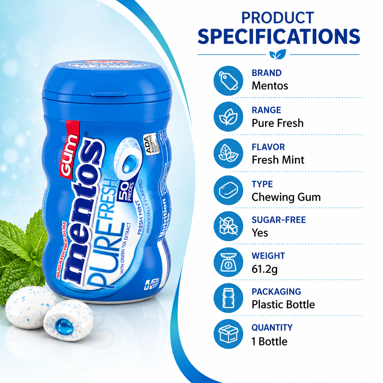 Mentos Pure Fresh Mint Sugar-free Gum - 50 Pieces - 61.2 gm