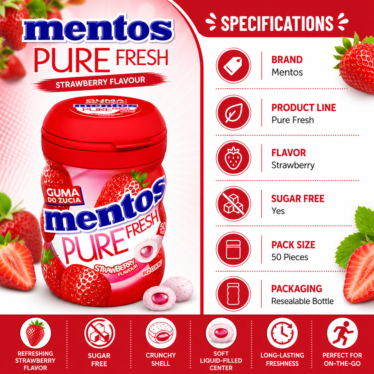 Mentos Pure Fresh Strawberry Sugar Free Chewing Gum – 50 Pieces - 61.5 gm