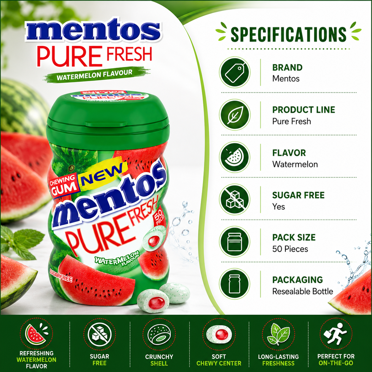 Mentos Pure Fresh Watermelon Flavor Sugar Free Chewing Gum -50 Pieces - 61.5 gm