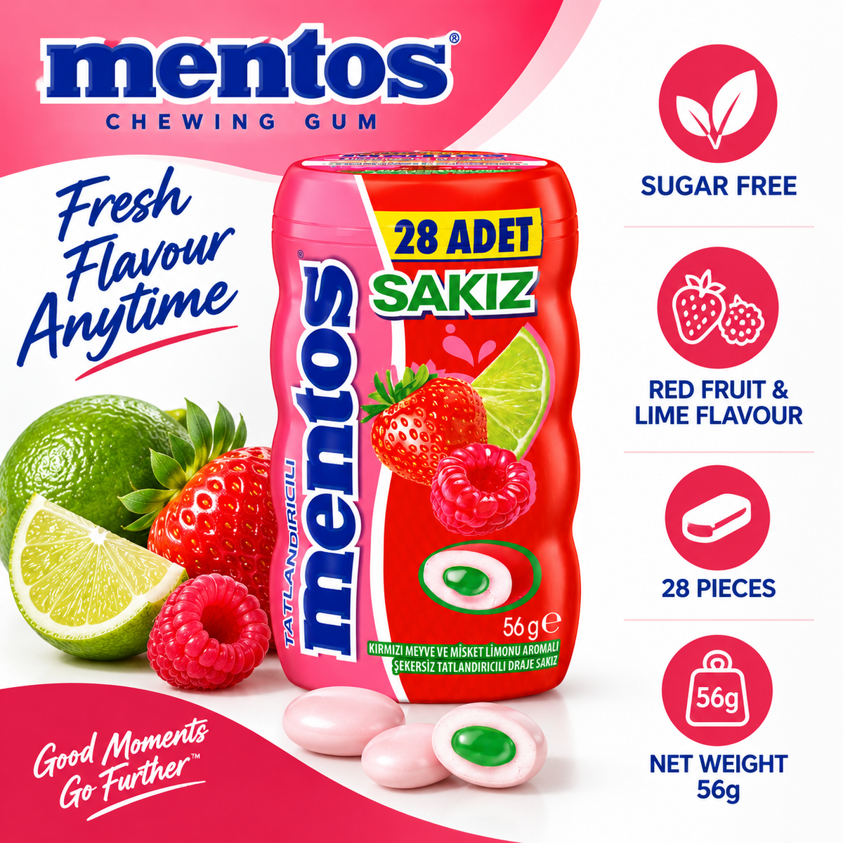 Mentos SAKIZ Sugar-Free Red Fruit & Lime Chewing Gum – 28 Pieces -56 gm