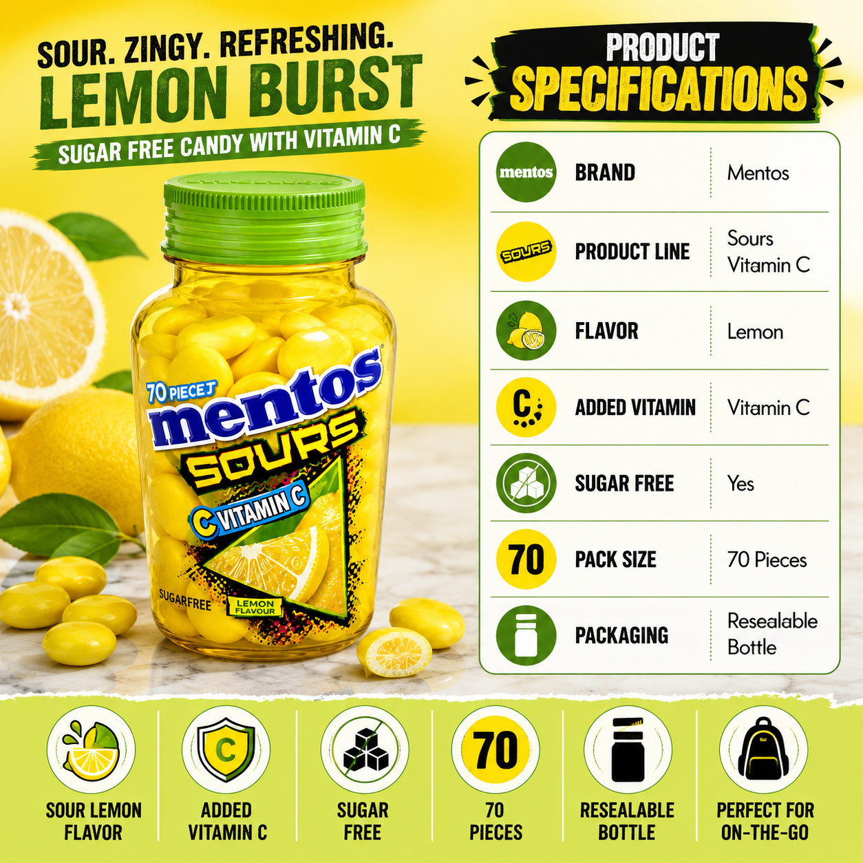 Mentos Sours Vitamin C Lemon Flavor Sugar Free Candy – 70 Pieces- 49 gm