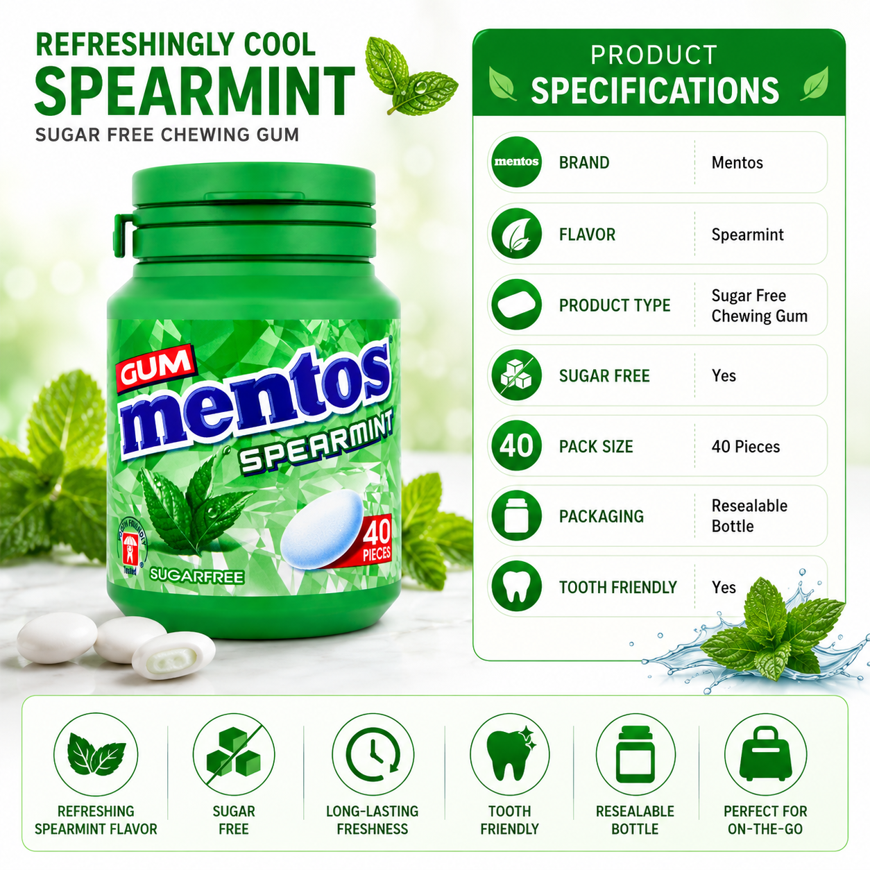 Mentos Spearmint Sugar Free Chewing Gum – 40 Pieces - 56 gm