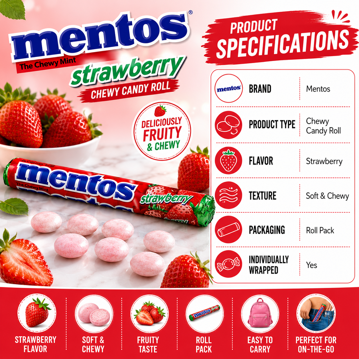 Mentos Strawberry Dragees Roll Candy - 37.5 gm