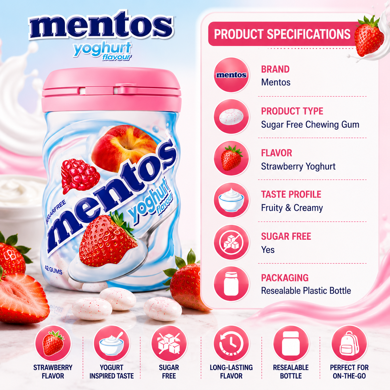 Mentos Yoghurt Strawberry Chewing Gum - Sugar Free - 90 gm
