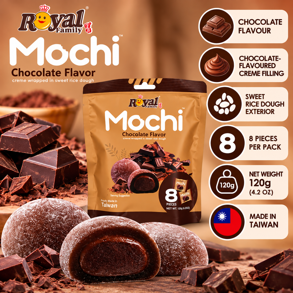 Royal Family Mochi Chocolate Flavor – 120 gm -8 Pieces