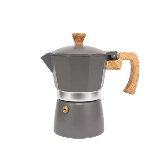 TMH Stovetop Moka Coffee Maker – Grey with Wood-Style Handle - 3 Cups
