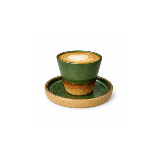 TMH Handmade Artisan Ceramic Coffee Cup with saucer -Olive Green and Sand Brown- 75 ml
