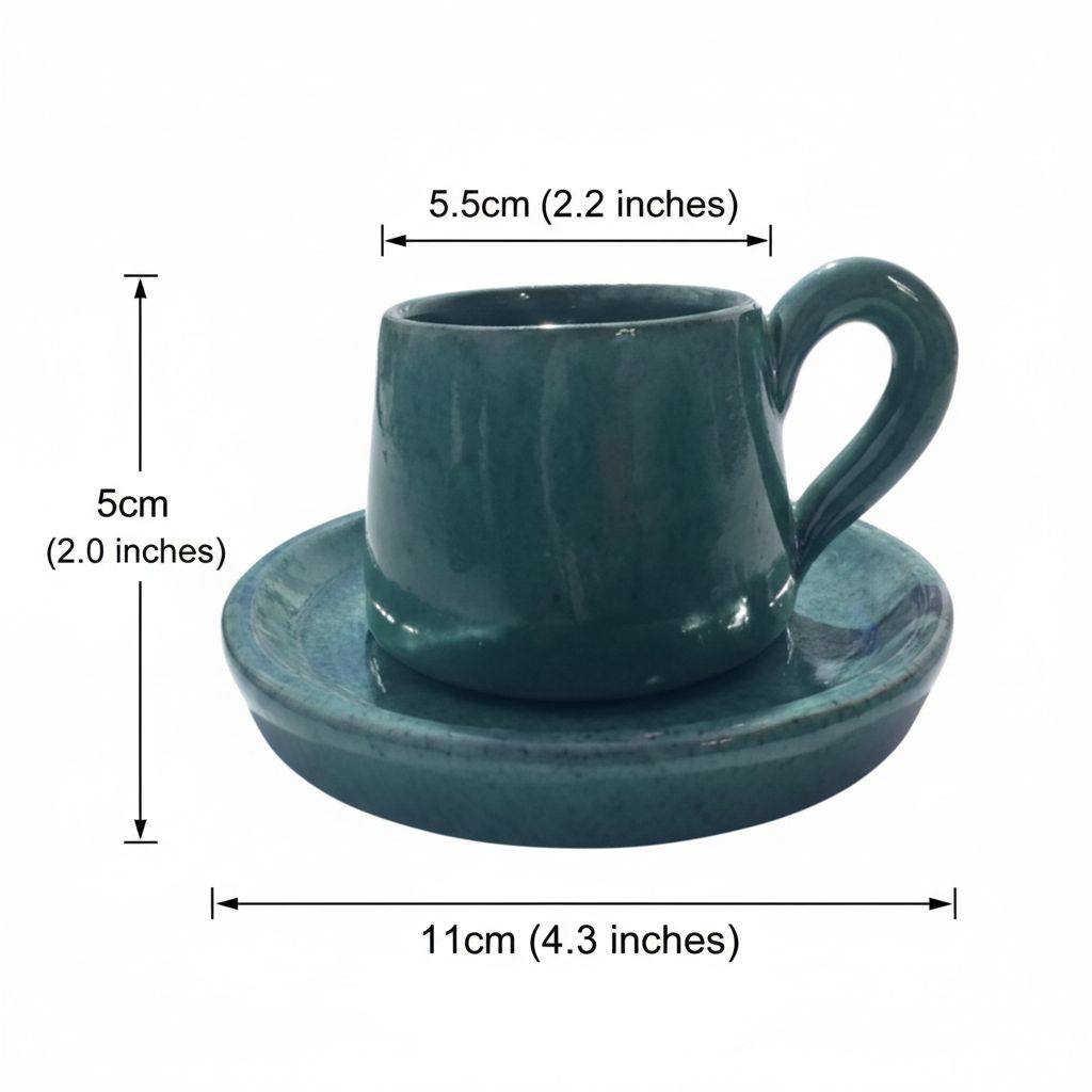 Teal ceramic cup and saucer set with dimensions on a white background