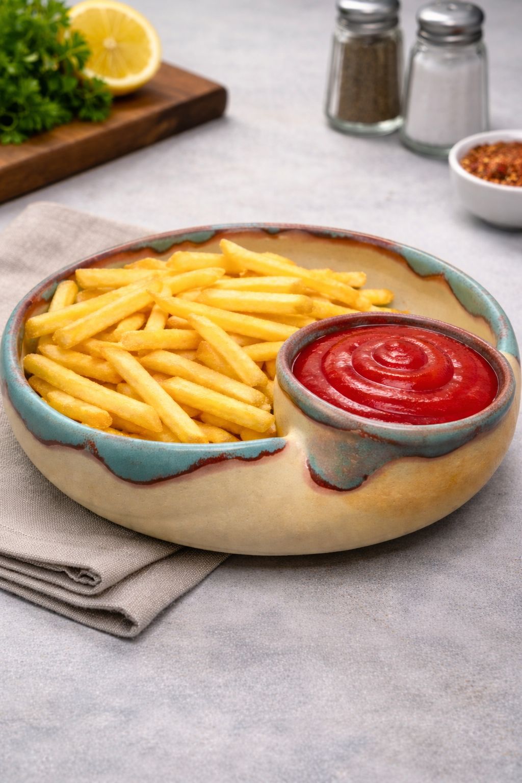 Bowl with French fries and ketchup on a gray surface with lemon and herbs in the background