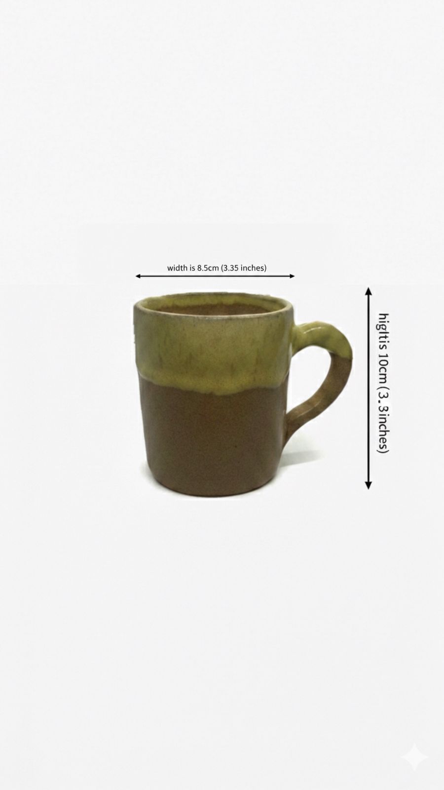 Green ceramic mug with measurements on a white background