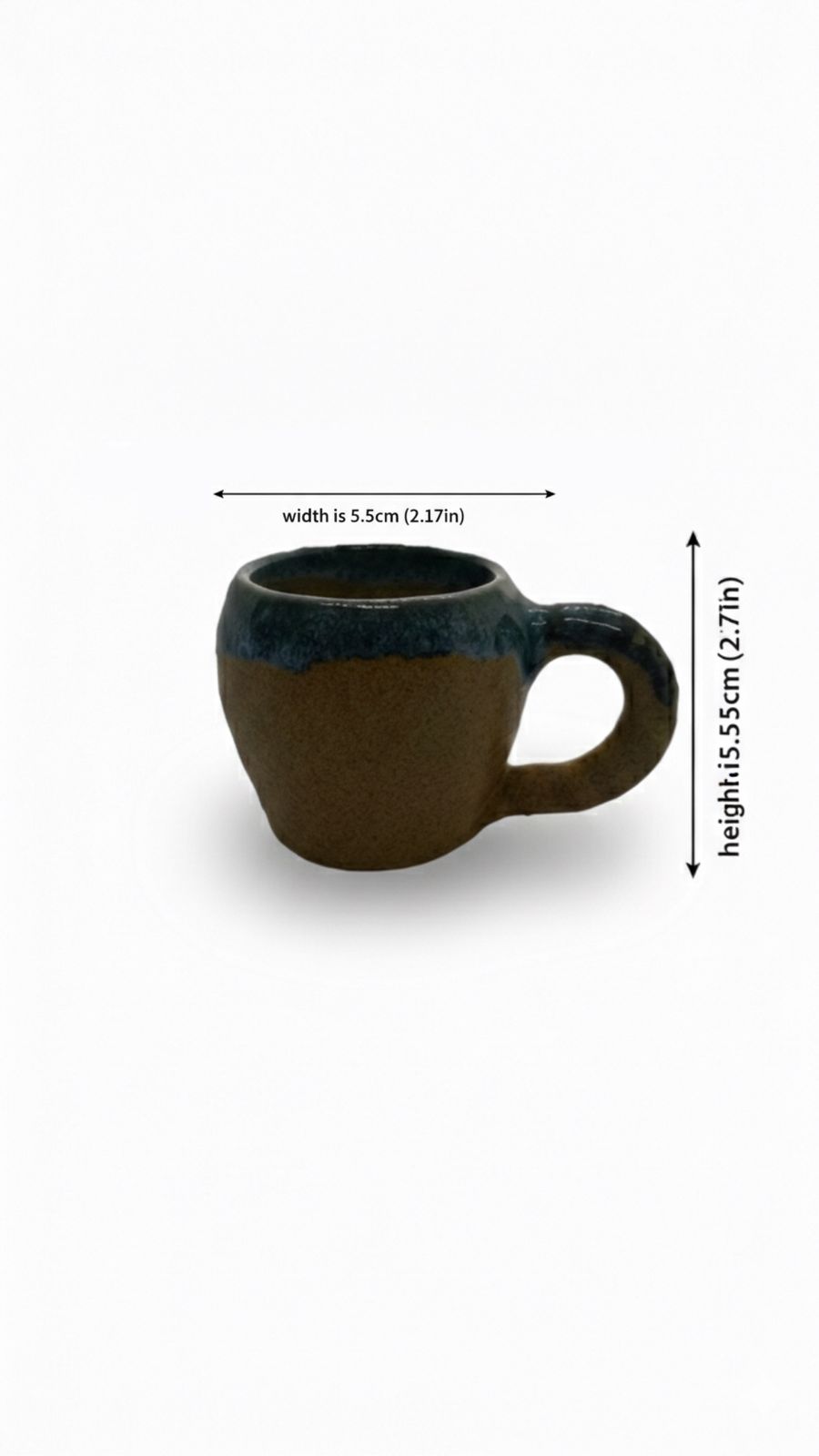 Brown mug with blue interior, shown with measurements on a white background